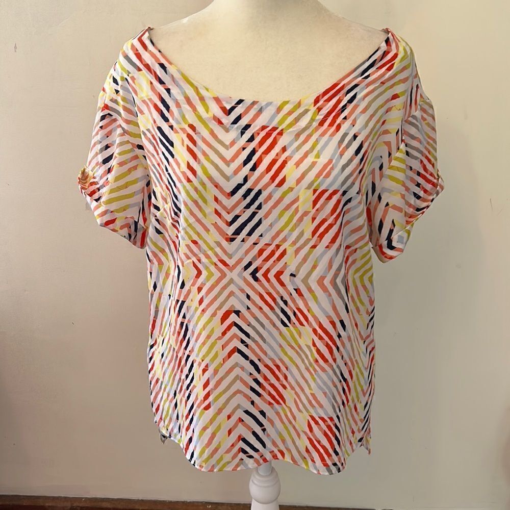 BCBGeneration orange yellow line pattern short cuffed sleeve blouse Size S